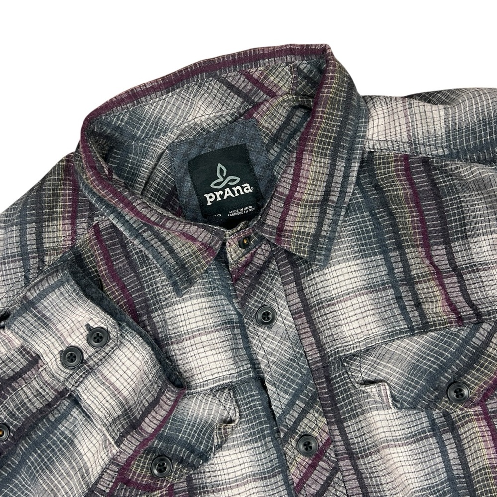 PrAna Shirt Mens‎ Large Plaid Purple Gray Lined Flannel Long Sleeve Cotton